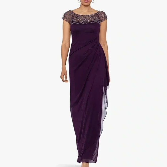 XSCAPE NWT Beaded Cap Sleeve Round Neck Ruched Cascade Ruffle Side Gown (PLUM) - Picture 1 of 12